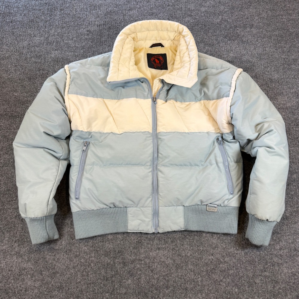 Vintage Mountain Goat White Stag Down Puffer Jacket Blue Cream Women L Gorpcore